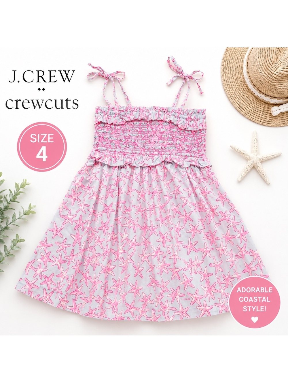 J.Crew Crewcuts Girls Starfish Smocked Sundress Pink Coastal Size 4